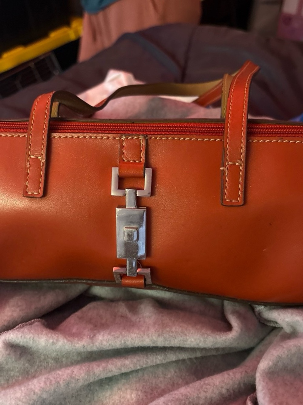 Mondani Orange Leather Mini Tote with Silver Hardware